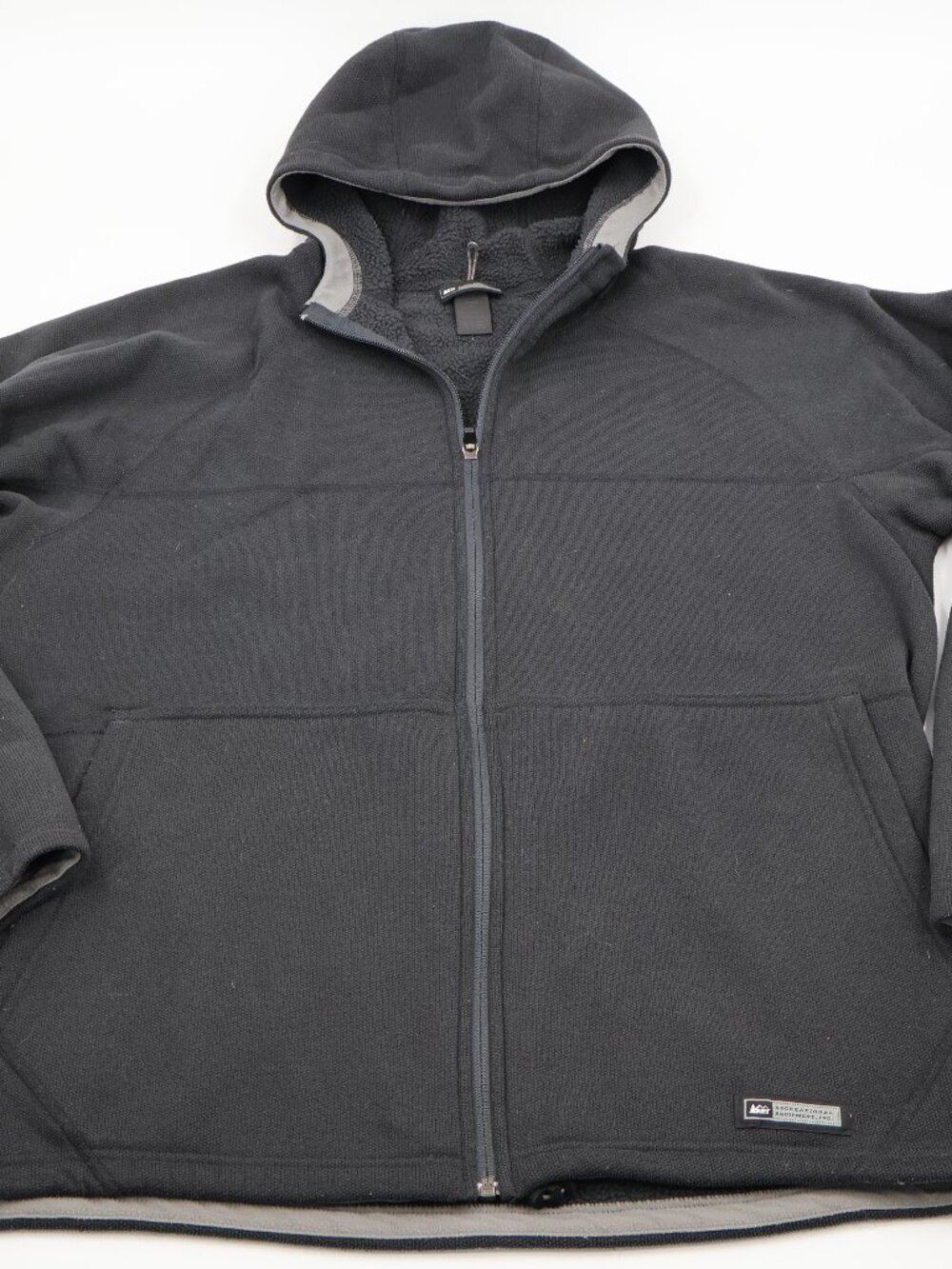 REI‎ Full Zip Hoodie Mens L Black Textured Knit High Pile Fleece Lined Jacket